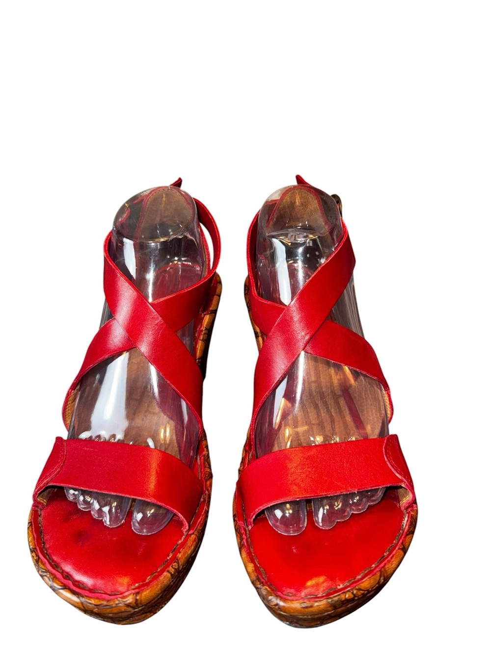 Born Savannah Red Leather Ankle Strap Wedge Sandals Boho Croc Embossed Sz 10 - Picture 3 of 12